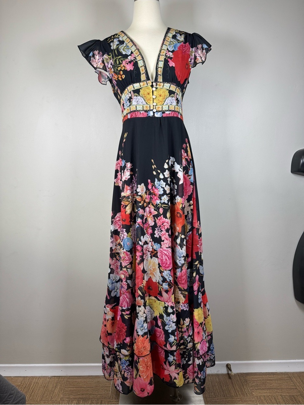 Dalia Macphee Black Floral Maxi Dress with V-Neck Ruffle Sleeves Size 6